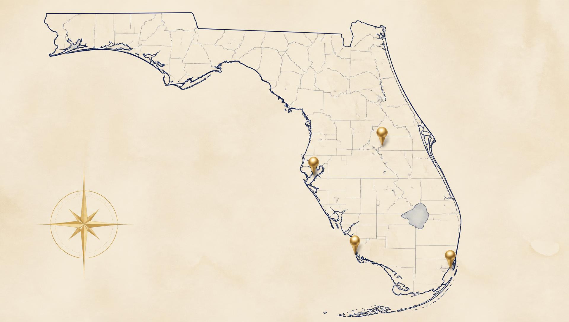 Editorial map of Florida with pins on Miami, Orlando, Tampa and Naples
