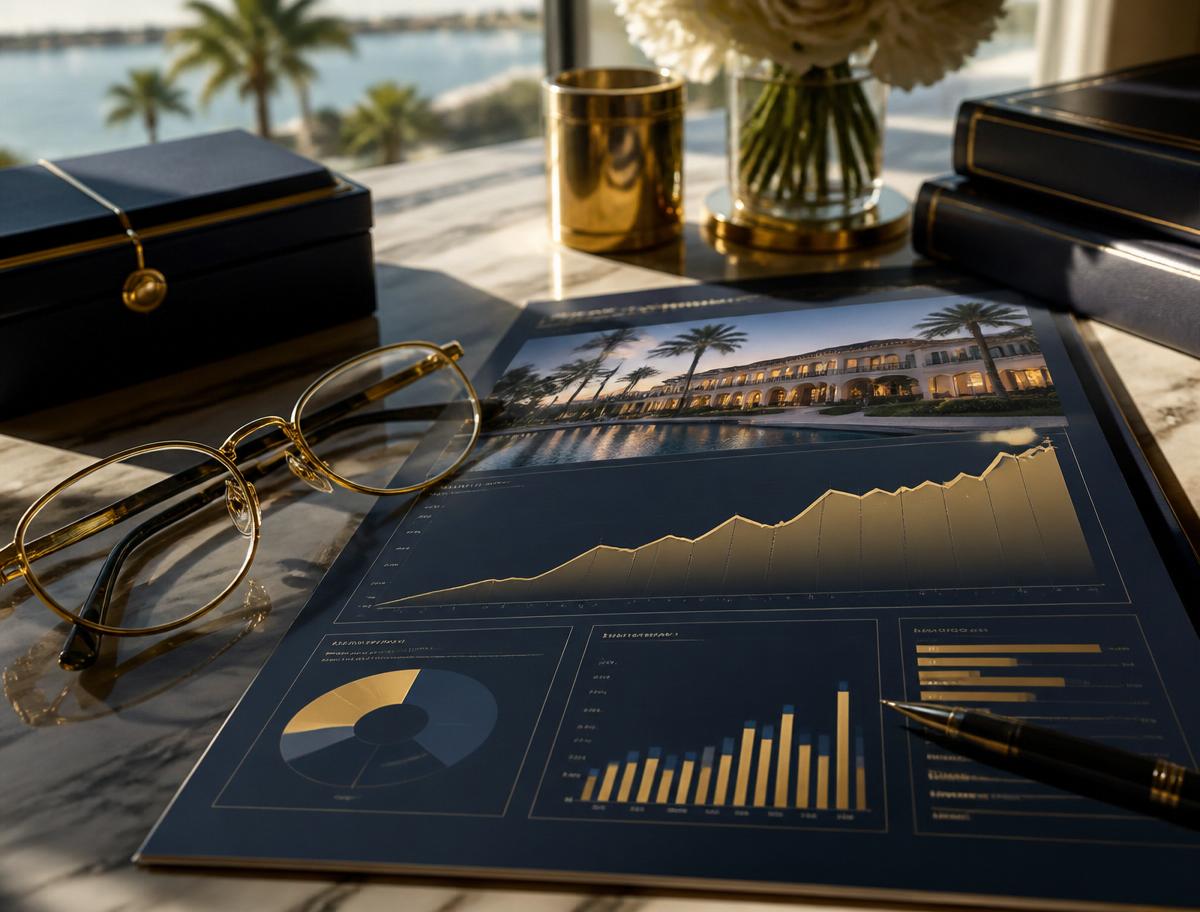 Editorial ROI dashboard on a marble desk